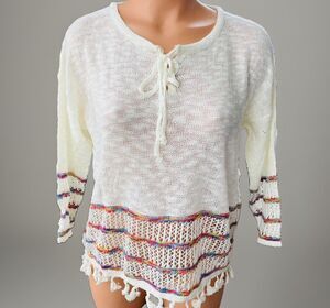 Gran Oriente Ivory Burnout Knit Hippie Sweater Size L NWT Fringe Tassel
